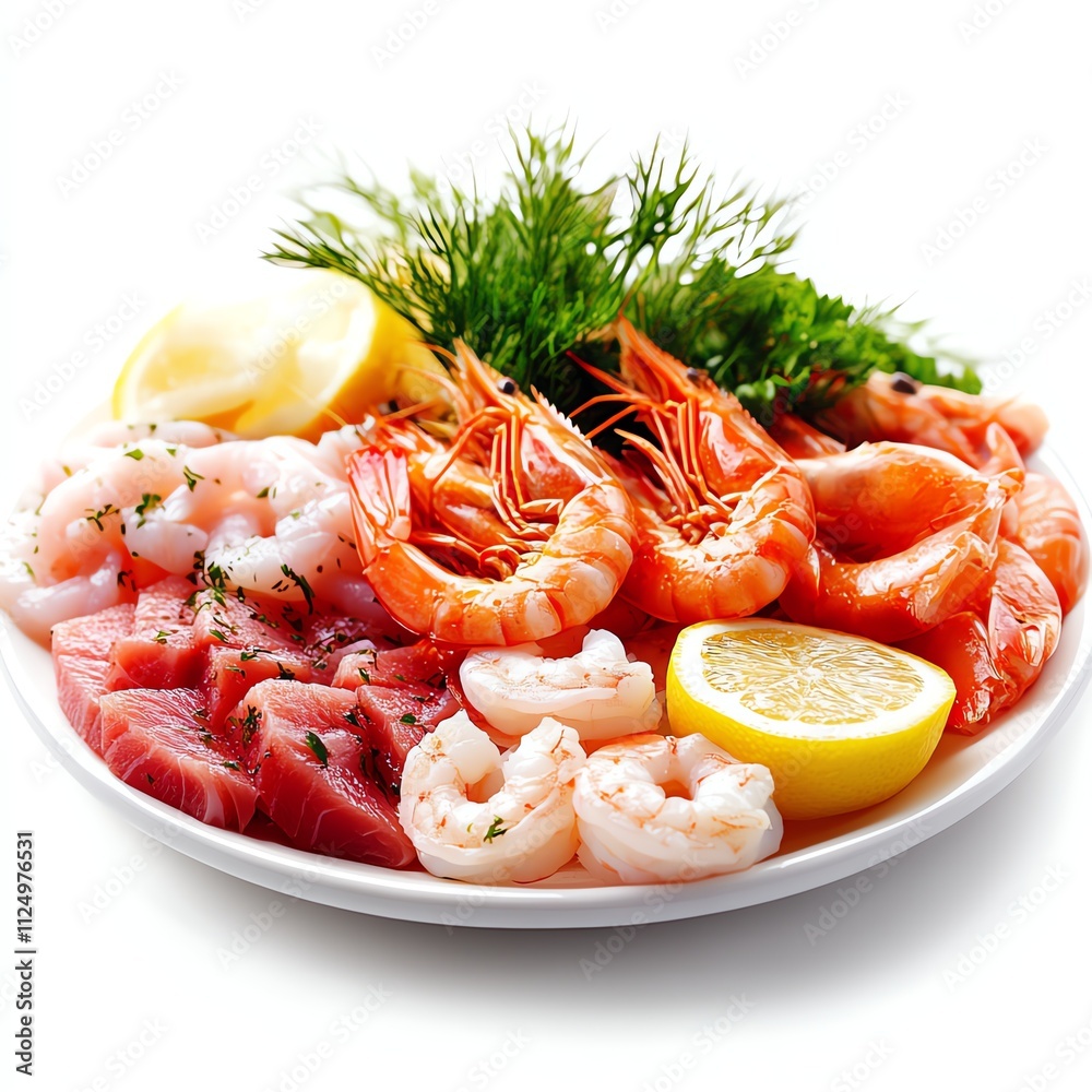 Fresh seafood platter with shrimp, fish, lemon, and herbs on a white plate. Fresh seafood platter with shrimp, fish, lemon, and herbs on a white plate.
