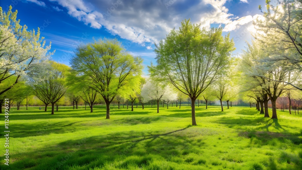 Picturesque park with lush green trees and bright blue sky Picturesque park with lush green trees and bright blue sky