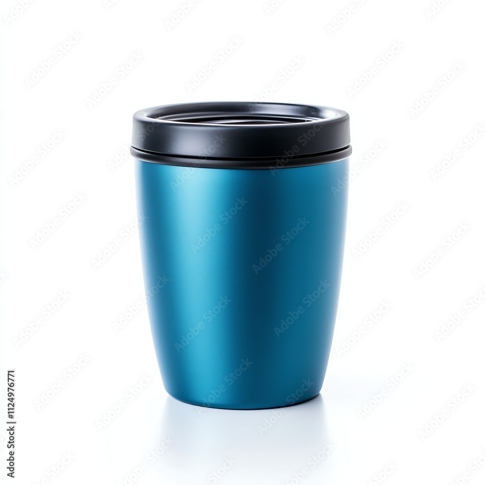 Stylish blue coffee cup with a black lid on a white isolated background. Stylish blue coffee cup with a black lid on a white isolated background.