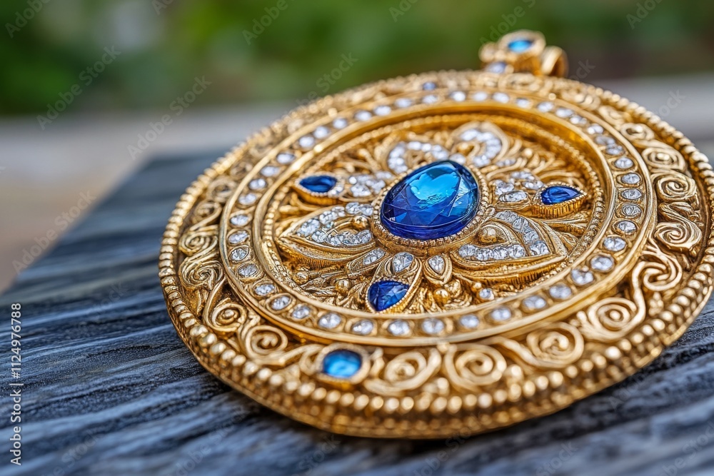 A hyper-realistic close-up of an Aum pendant made of gold, with intricate engravings and gemstones catching the light in exquisite detail A hyper-realistic close-up of an Aum pendant made of gold, with intricate engravings and gemstones catching the light in exquisite detail