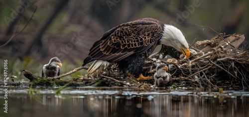 A family of bald eagles in their nest, feeding and playing together on the bank of an American river photo