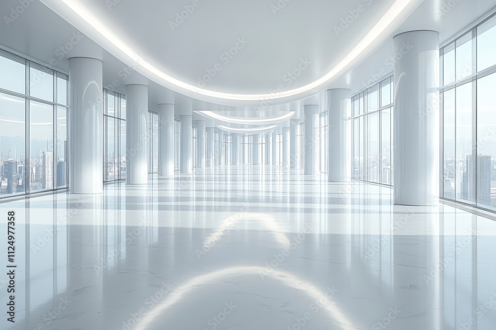 A spacious, modern interior with polished floors and large windows showcasing city views. A spacious, modern interior with polished floors and large windows showcasing city views.