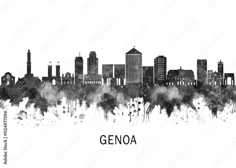 Genoa Italy Skyline BW, print poster travel art illustration urban modern downtown landmarks skyscrapers artwork architecture digital design Genoa Italy Skyline BW, print poster travel art illustration urban modern downtown landmarks skyscrapers artwork architecture digital design