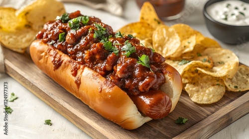 Vindaloo-inspired, this hearty dish features a juicy hot dog topped with a spicy, robust chili sauce, paired with crispy chips for a flavorful and satisfying meal.
