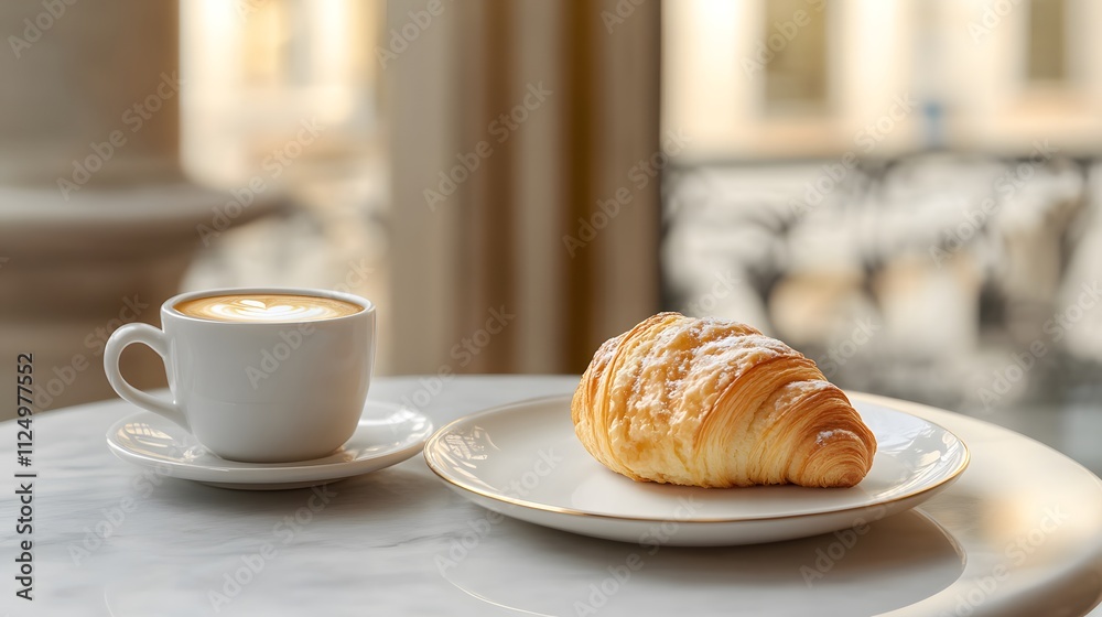 Delicious Croissant with Coffee on a Marble Table - Elegant Breakfast Scene Delicious Croissant with Coffee on a Marble Table - Elegant Breakfast Scene
