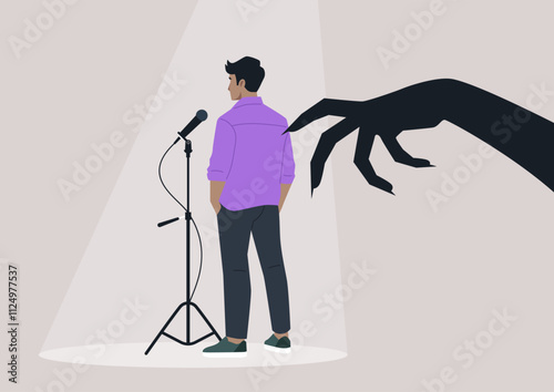 A performer stands nervously at a microphone, illuminated by a spotlight, while a large, shadowy claw looms threateningly overhead, embodying the struggle against stage fright and anxiety