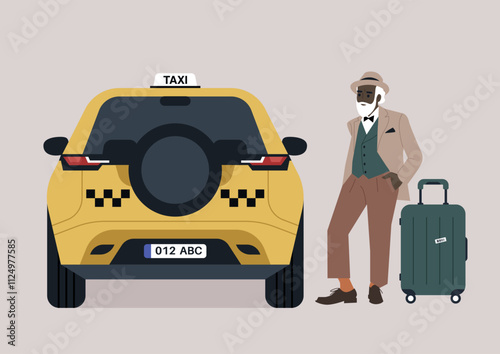 A traveler in elegant attire stands beside a yellow taxi at the airport, ready to embark on a journey, Dressed in stylish costume, he waits with a suitcase, embracing the excitement of exploration