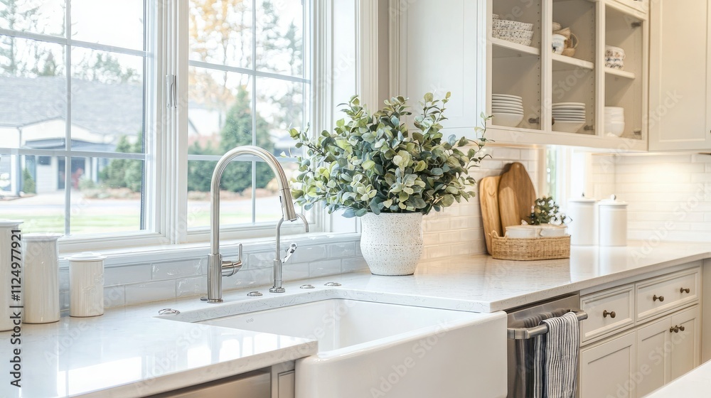 Clean white kitchen sink with modern fixtures and a drying rack beside it Clean white kitchen sink with modern fixtures and a drying rack beside it