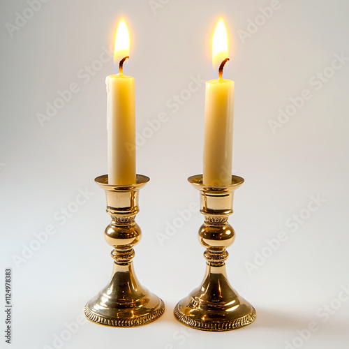 Pair of Shabbat candles in elegant candlesticks isolated on a white background.