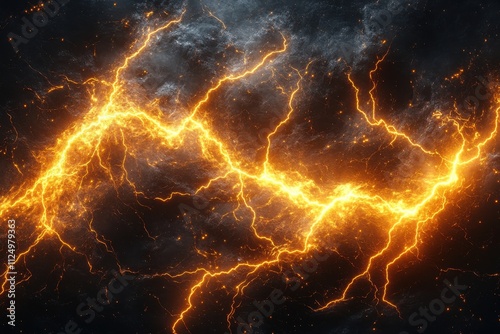 A dramatic depiction of lightning bolts against a dark, stormy background.