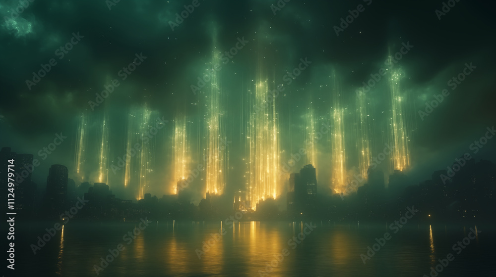 Fototapeta premium Magical Cityscape With Glowing Lights Reflecting Over Dark Water