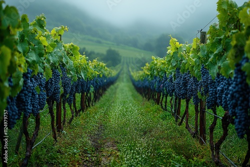 Lush vineyard with purple grapes under misty skies in a serene countryside setting. Generative AI photo