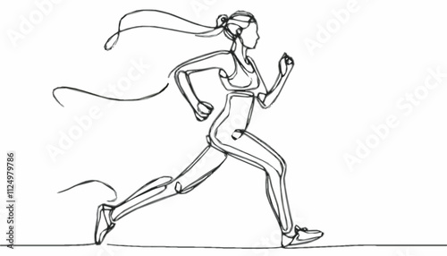 Single continuous line art drawing illustration of a female or woman running, jogging exercise