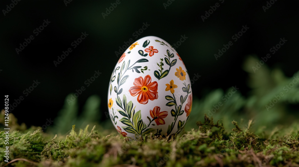 A close-up of a single Easter egg, painted with intricate floral designs and vibrant colors, placed on a soft, natural background with green grass and moss
A close-up of a single Easter egg, painted with intricate floral designs and vibrant colors, placed on a soft, natural background with green grass and moss