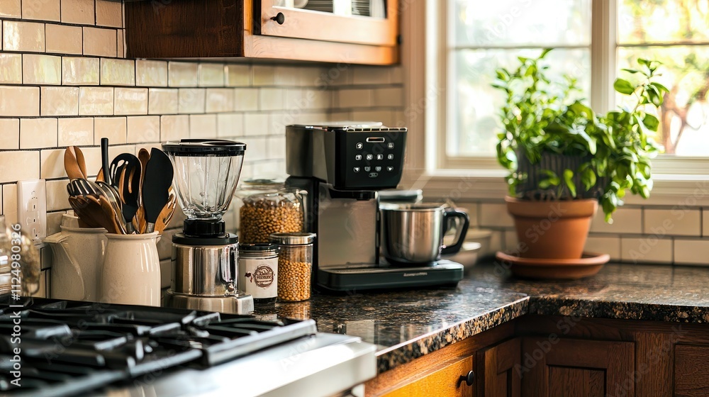 Clean kitchen counter featuring a coffee station and cooking essentials Clean kitchen counter featuring a coffee station and cooking essentials