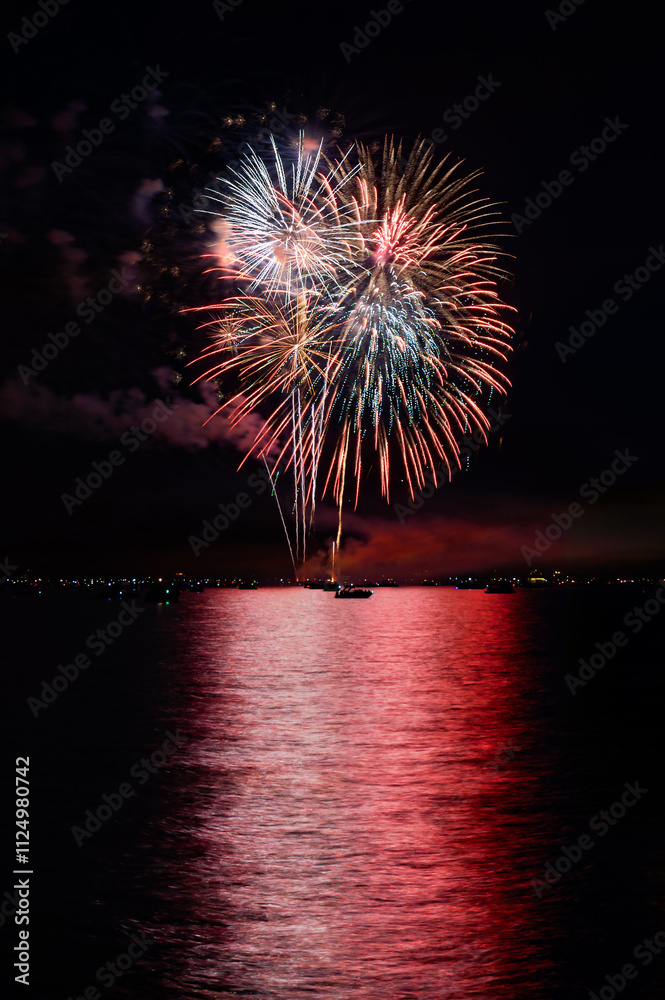 Fireworks Explode Over Lake With Boats - 4292