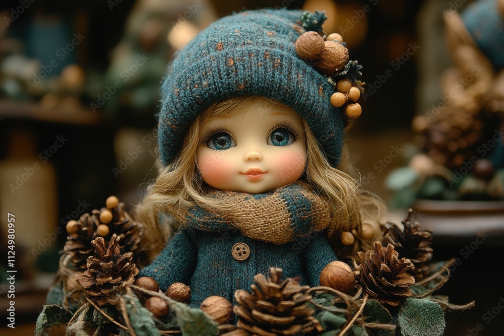 A charming doll adorned with natural elements, evoking a cozy, festive atmosphere. A charming doll adorned with natural elements, evoking a cozy, festive atmosphere.