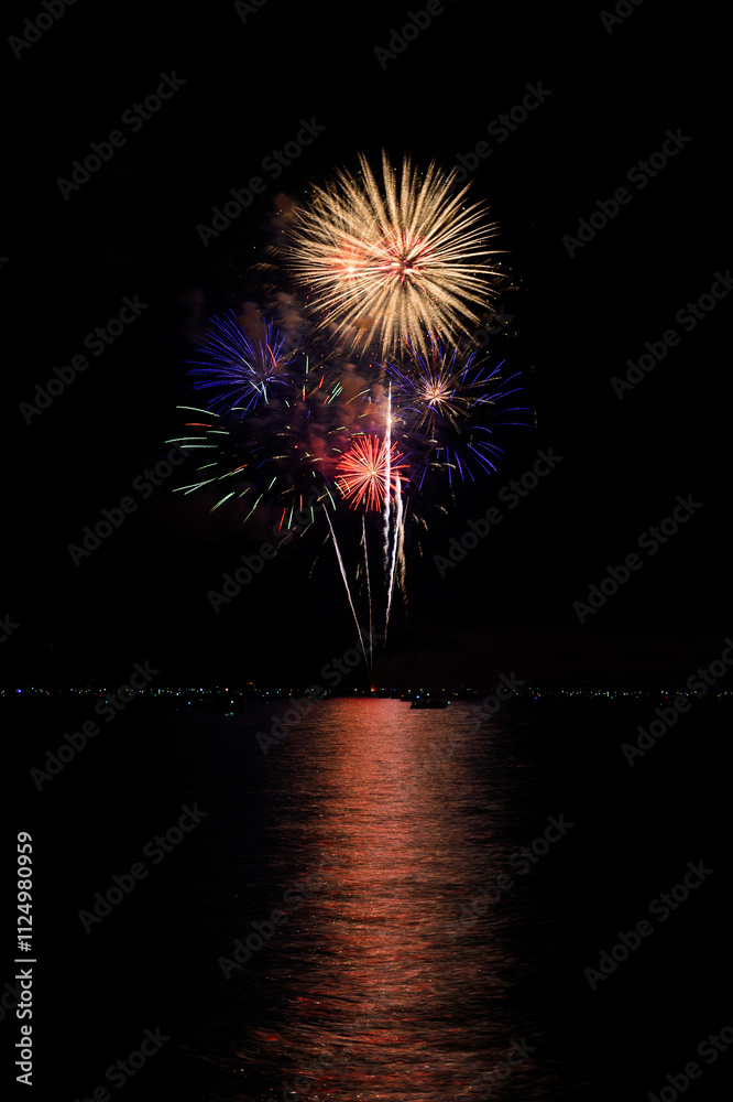Fireworks Explode Over Lake With Boats - 4298