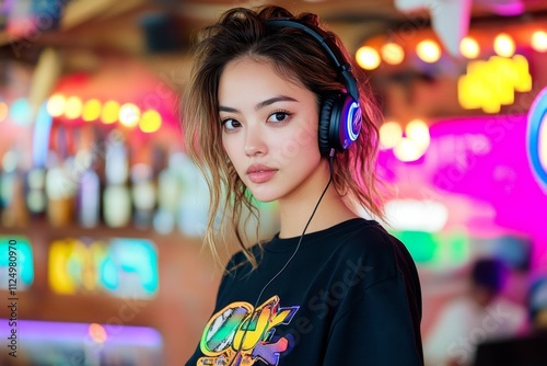 Wallpaper Mural A photo of a female DJ wearing futuristic headphones, illuminated by neon lights as she mixes a set in a retro-themed bar Torontodigital.ca