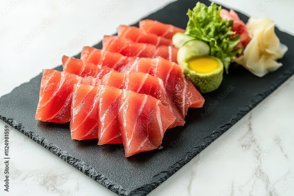 clean presentation of fresh sashimi slices on black slate plate garnished with pickled ginger and wasabi clean presentation of fresh sashimi slices on black slate plate garnished with pickled ginger and wasabi
