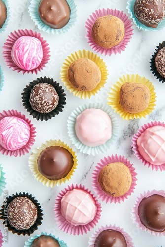 clean flat lay of artisanal chocolate truffles in pastel wrappers arranged neatly on marble background