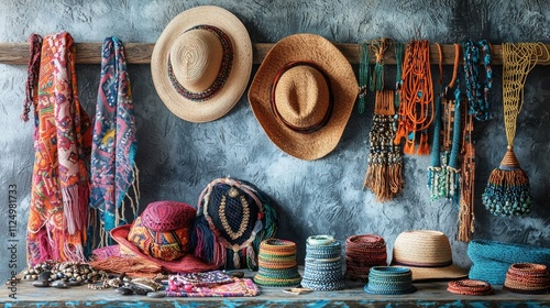 Boutique display with bohemian fashion items like hats, jewelry, and scarves 