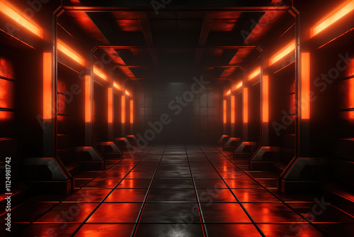 Attractive Neon light abstract background. Triangle tunnel or corridor sepia colors