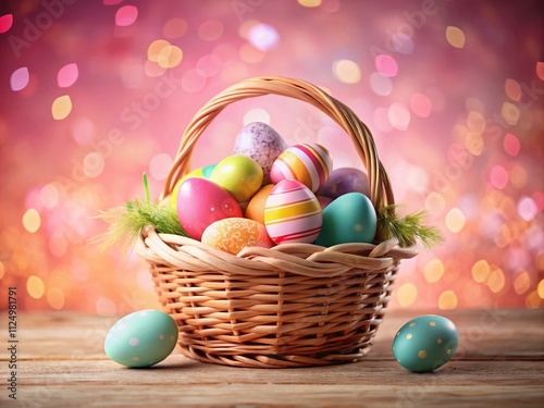 Charming Little Basket with Colorful Easter Eggs on a Soft Pink Background - Perfect for Celebrating the Easter Holiday and Spring Festivities