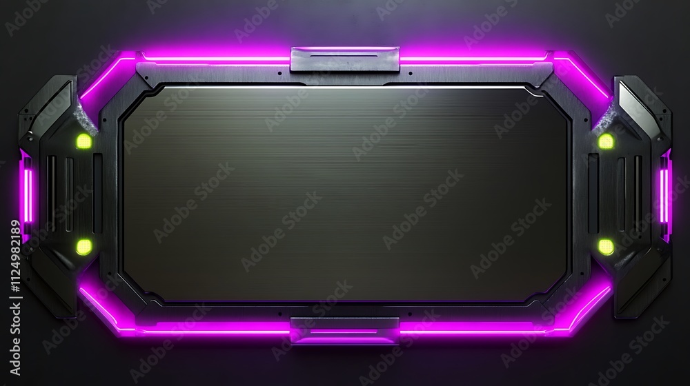 Futuristic purple neon frame, dark metal background, blank space. Futuristic purple neon frame, dark metal background, blank space.