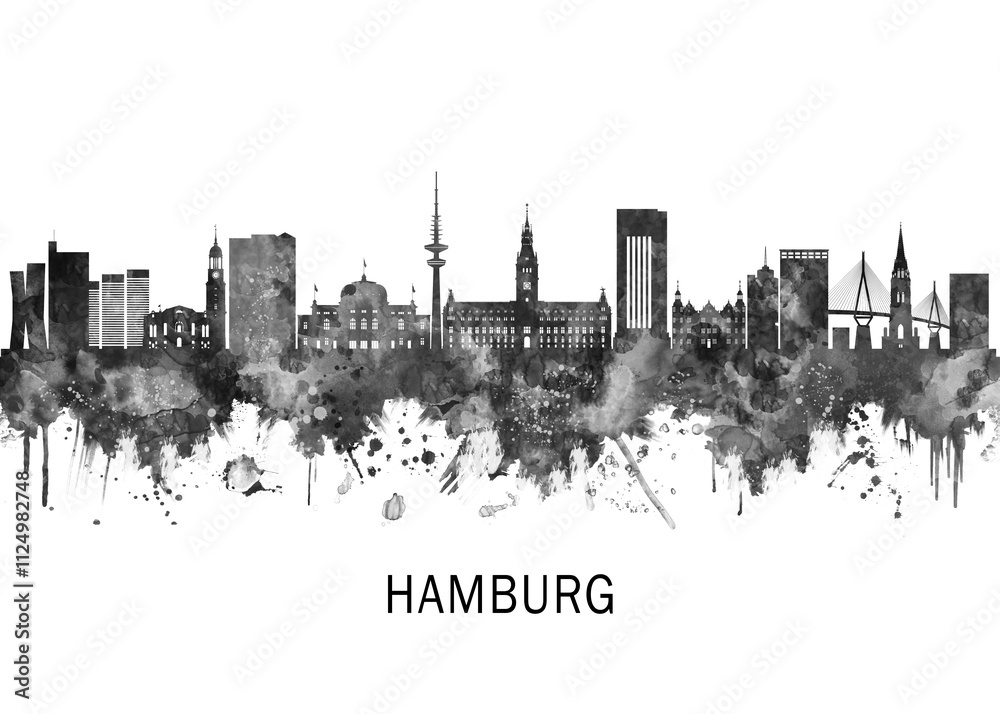 Hamburg Germany Skyline BW, print poster travel art illustration urban modern downtown landmarks skyscrapers artwork architecture digital design