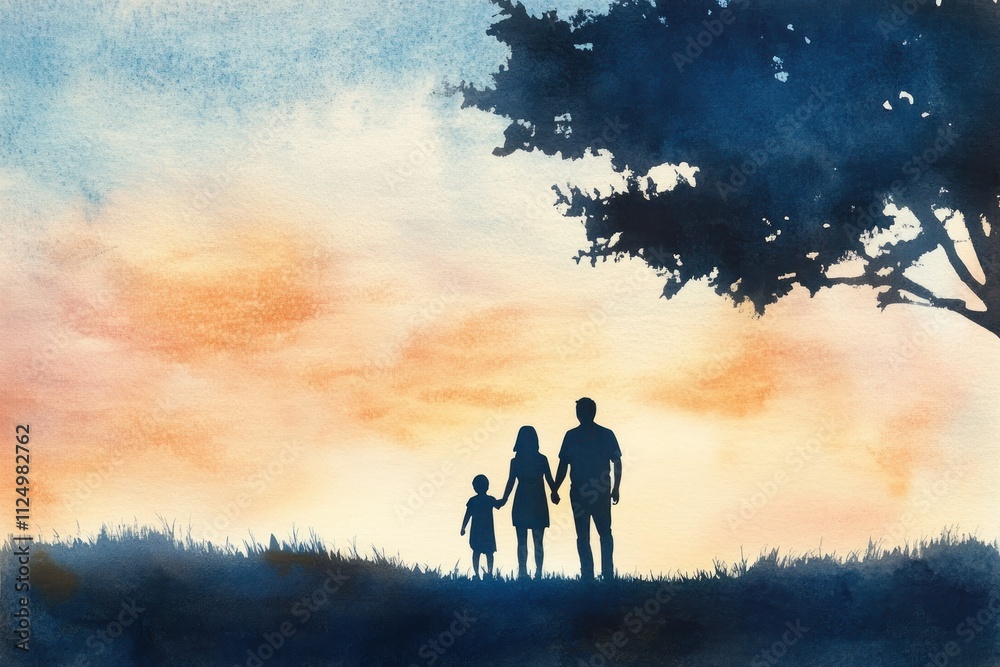 Family Silhouette at Sunset in Watercolor Style Family Silhouette at Sunset in Watercolor Style