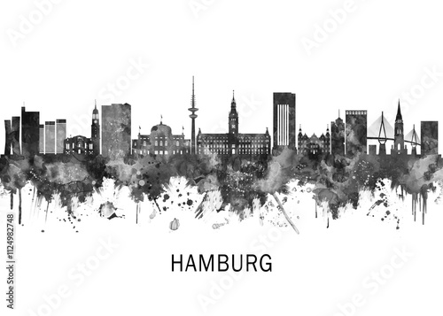 Obraz na płótnie Hamburg Germany Skyline BW, print poster travel art illustration urban modern downtown landmarks skyscrapers artwork architecture digital design w salonie