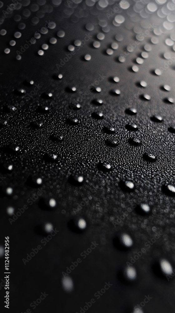 Water droplets creating a textured pattern on a dark surface Water droplets creating a textured pattern on a dark surface