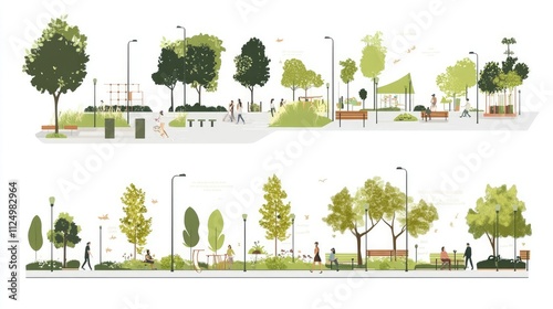 Urban park design illustration showcasing community spaces
