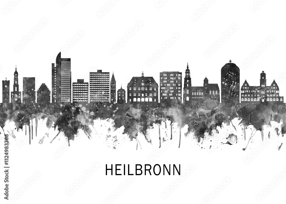 Obraz premium Heilbronn Germany Skyline BW, print poster travel art illustration urban modern downtown landmarks skyscrapers artwork architecture digital design 