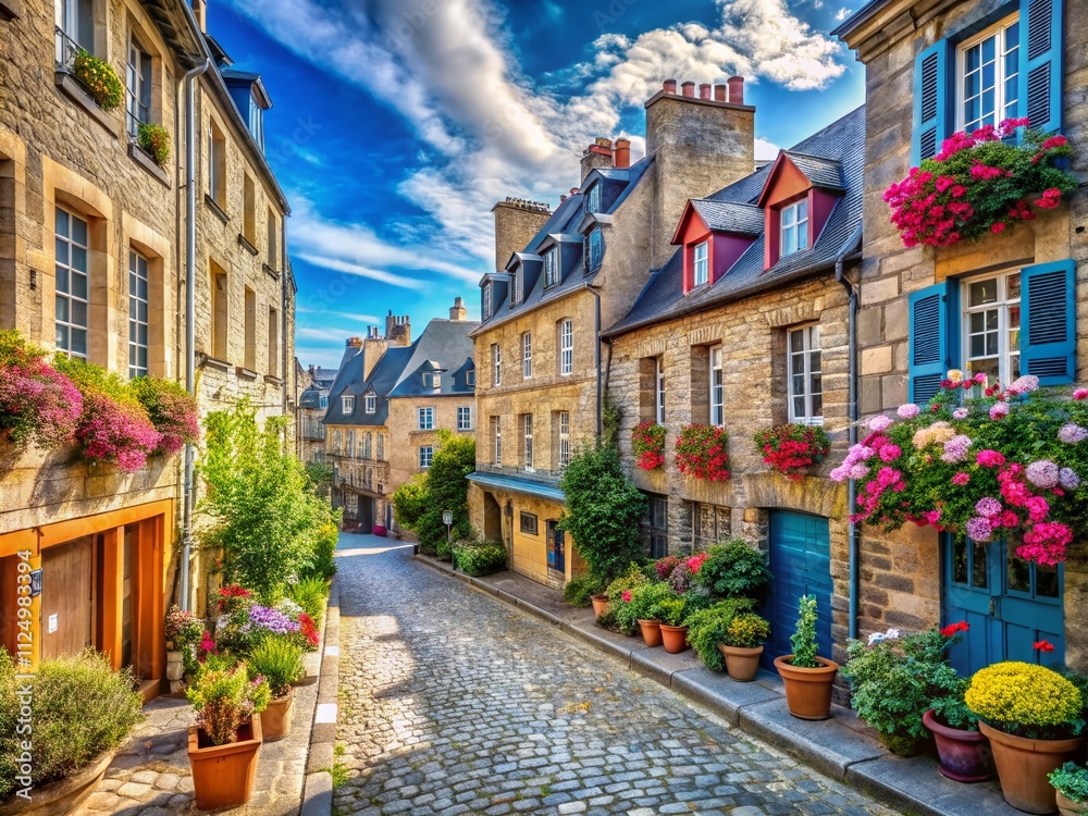 Fototapeta premium Charming Portrait of the Historic Streets of Saint-Malo, Bretagne, France, Showcasing the Timeless Architecture and Vibrant Atmosphere of This Enchanting Coastal Town