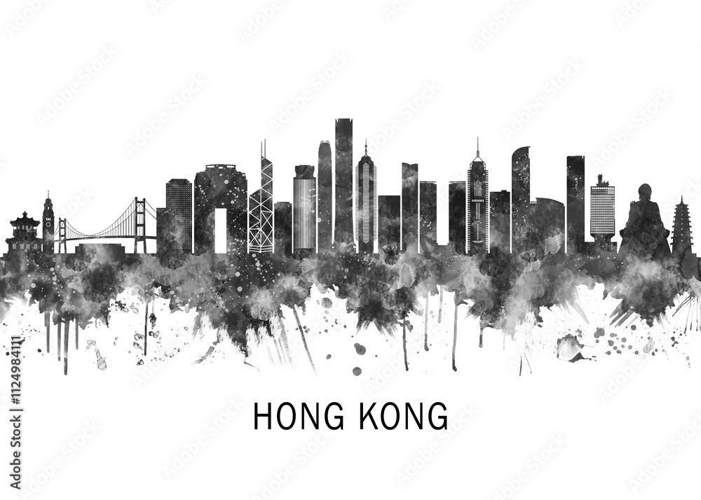Fototapeta premium Hong Kong China Skyline BW, print poster travel art illustration urban modern downtown landmarks skyscrapers artwork architecture digital design 