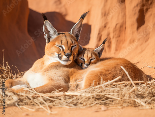 Caracal Cat and Kitten Family Sleeping, Resting Together in Natural Habitat.  Perfect for wildlife education, nature-themed art, print material, website banners and conservation campaigns. photo