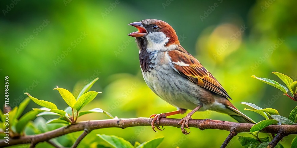 Fototapeta premium Charming Sparrow Singing on a Branch: A Close-Up of the Passer domesticus in Its Natural Habitat, Perfect for Birdwatching and Nature Photography Enthusiasts