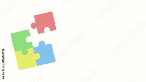 Four puzzle pieces in red, green, yellow and blue on a white background. Three of them are already assembled, only one remains to be placed. They fit together perfectly forming a square.