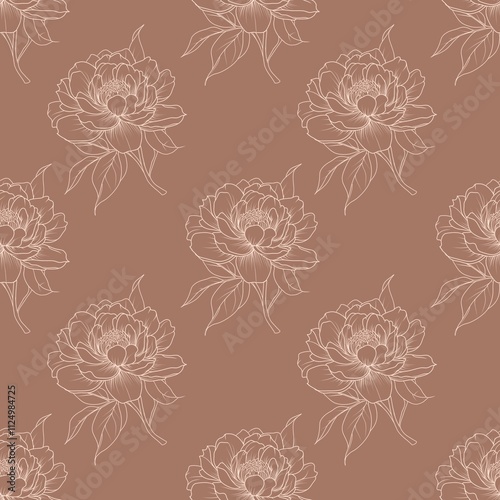 Seamless Pattern of Small Light Pioni Flowers on Mocha Mousse Background photo