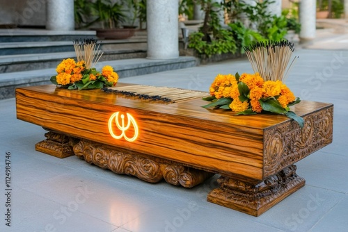 A serene image of a glowing Aum symbol carved into a wooden altar, surrounded by incense sticks and fresh flowers photo