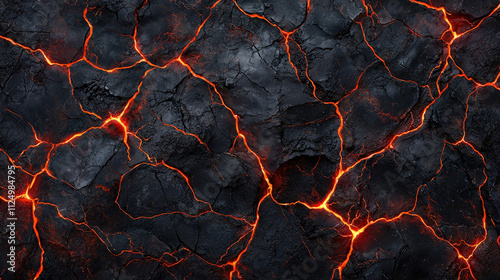 High-Resolution Abstract Background of Volcanic Lava Texture with Cracks and Glowing Orange Fissures on Dark Rock Surface Ideal for Creative Projects