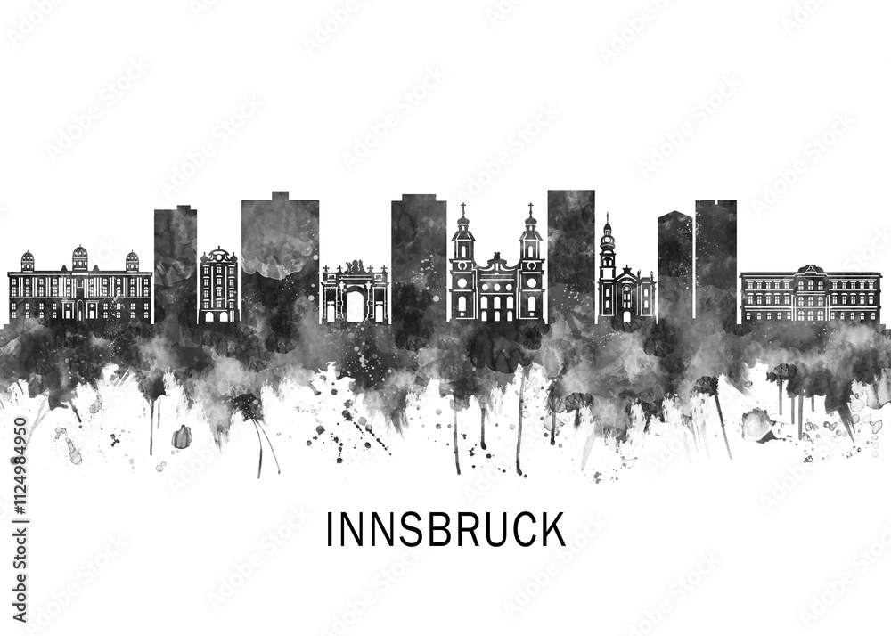Innsbruck Austria Skyline BW, landscape watercolor abstract painting travel illustration urban art modern downtown landmarks skyscrapers artwork Innsbruck Austria Skyline BW, landscape watercolor abstract painting travel illustration urban art modern downtown landmarks skyscrapers artwork