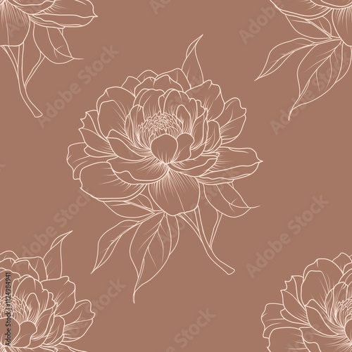 Seamless Pattern of Big Light Pioni Flowers on Mocha Mousse Background photo