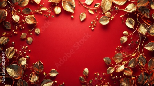 Red background with gold decorations, elegant pattern, luxurious design, festive, ornate, decorative style