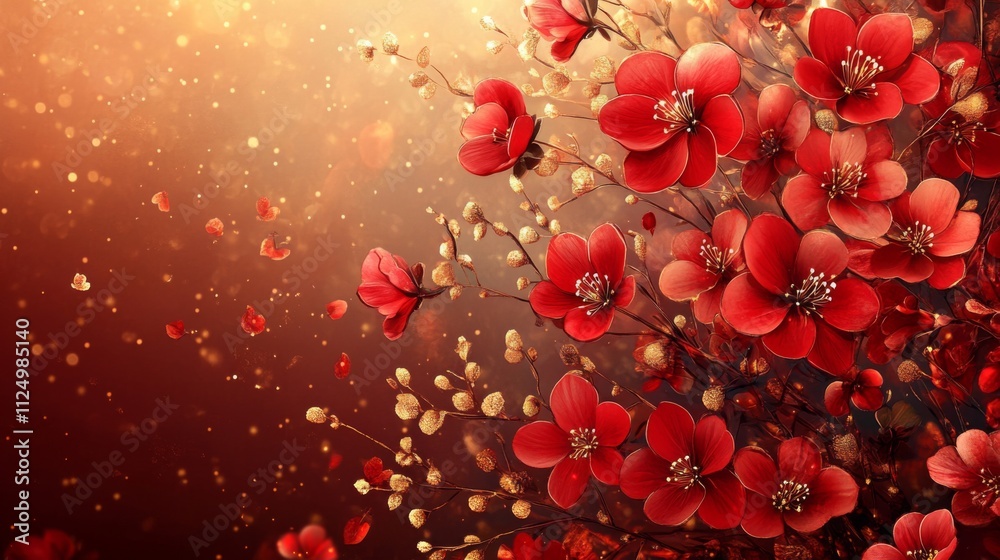 Red and gold background featuring flowers in bloom, creating elegant and vibrant floral display Red and gold background featuring flowers in bloom, creating elegant and vibrant floral display