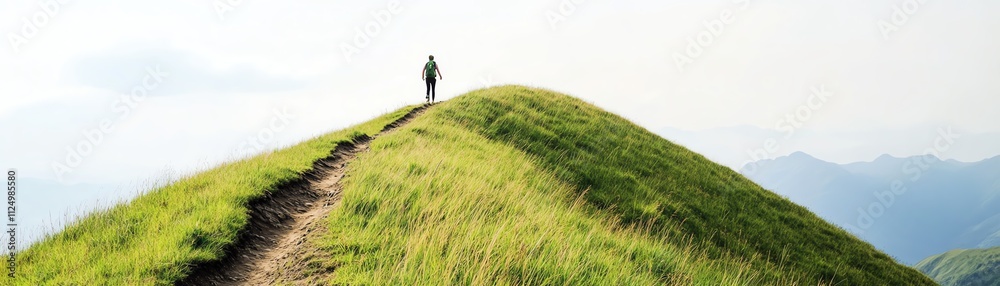 Hiker on a green hilltop, panoramic view of nature and mountains, serene atmosphere. Hiker on a green hilltop, panoramic view of nature and mountains, serene atmosphere.