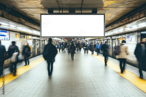 Busy subway station with blurred commuters photo