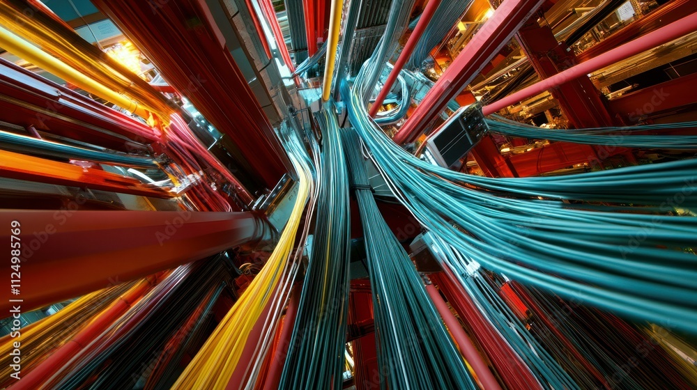 High-speed data cables and fiber optics snaking through the factory ceiling, transmitting real-time analytics to edge computing nodes